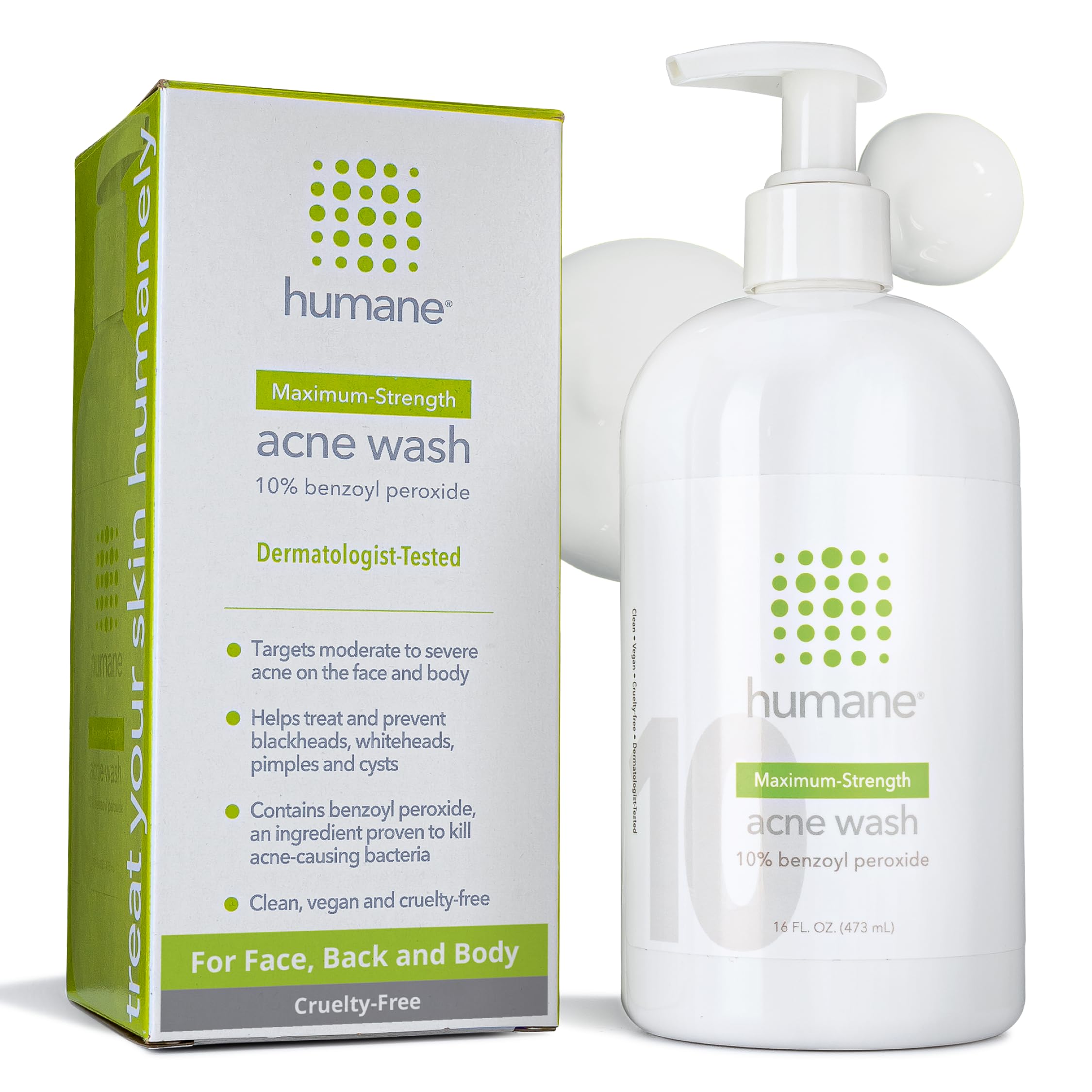 Humane benzoyl peroxide acne wash bottle for maximum-strength face and body acne care.