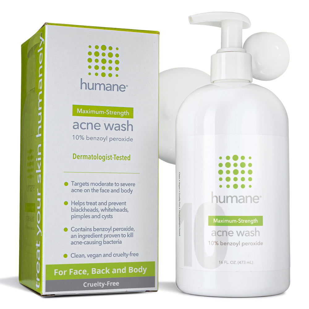 Humane benzoyl peroxide acne wash bottle for maximum-strength face and body acne care.