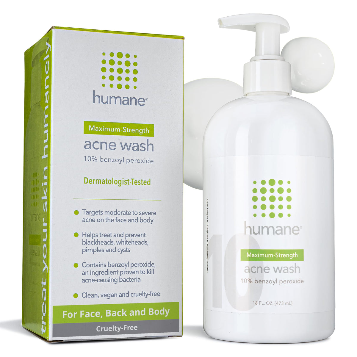 Humane benzoyl peroxide acne wash bottle for maximum-strength face and body acne care.
