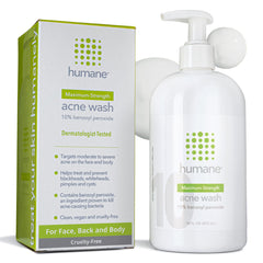 Humane benzoyl peroxide acne wash bottle for maximum-strength face and body acne care.