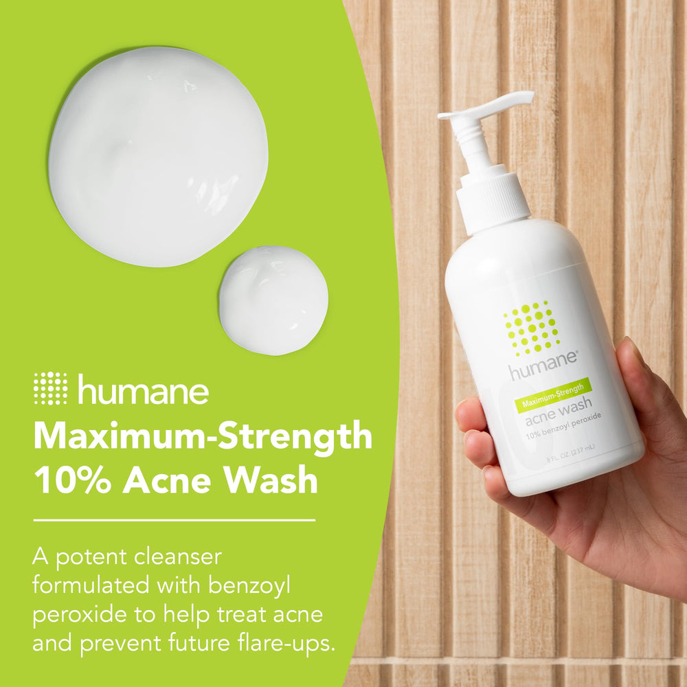 Humane benzoyl peroxide acne wash face-application close-up for daily cleansing targeting pores