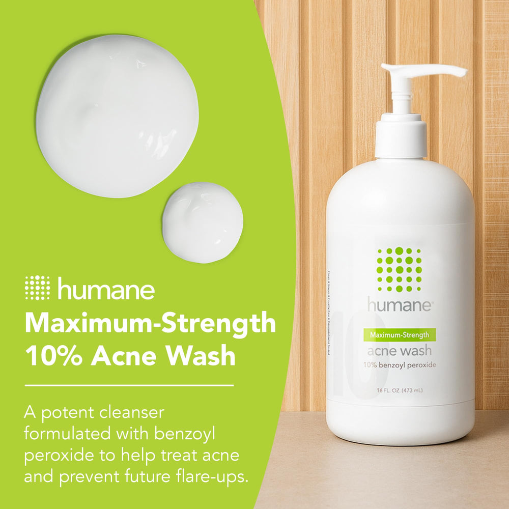 Closeup of Humane label highlighting vegan, cruelty-free formulation and 10% benzoyl peroxide.