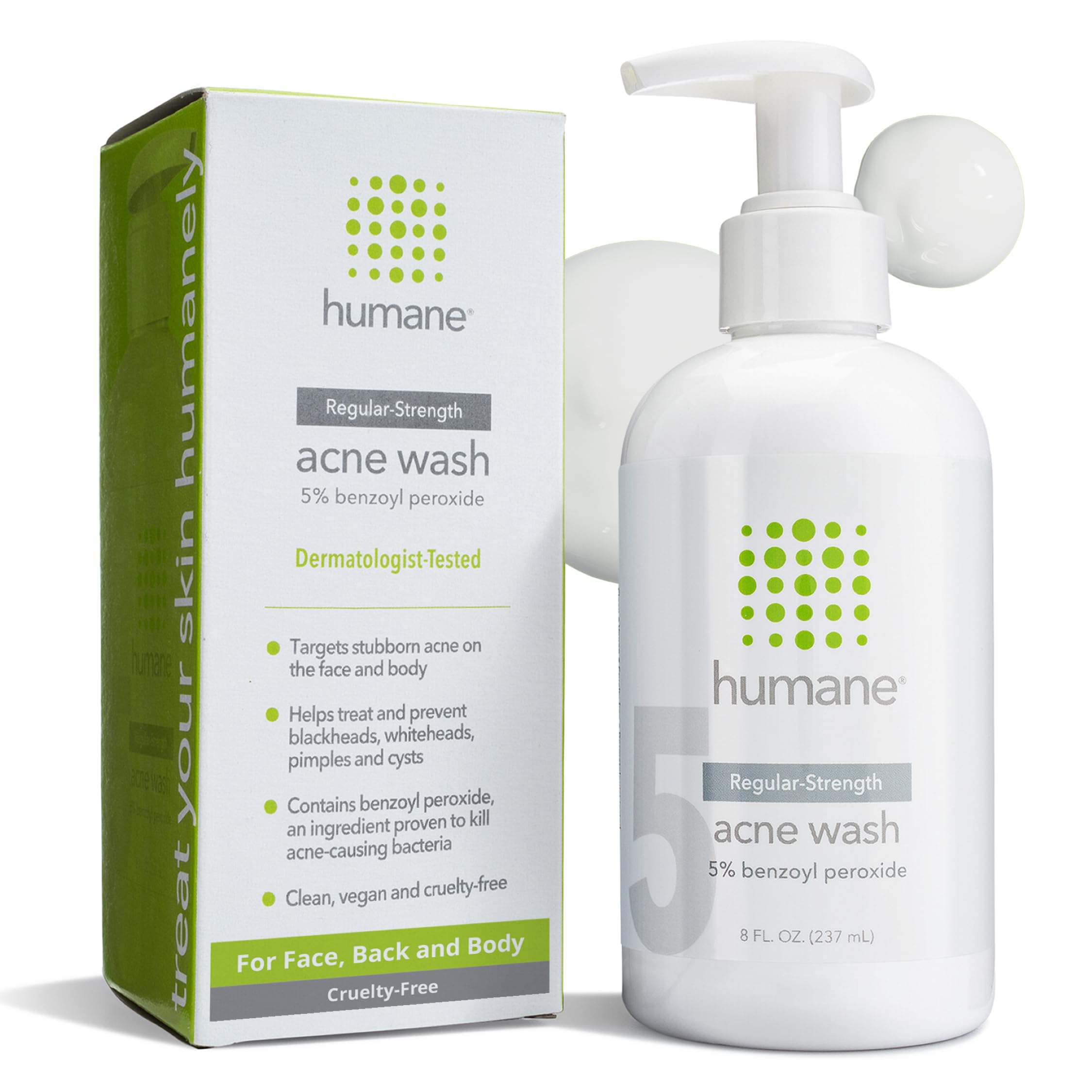 humane benzoyl peroxide face wash 5% bottle front for regular-strength acne care.