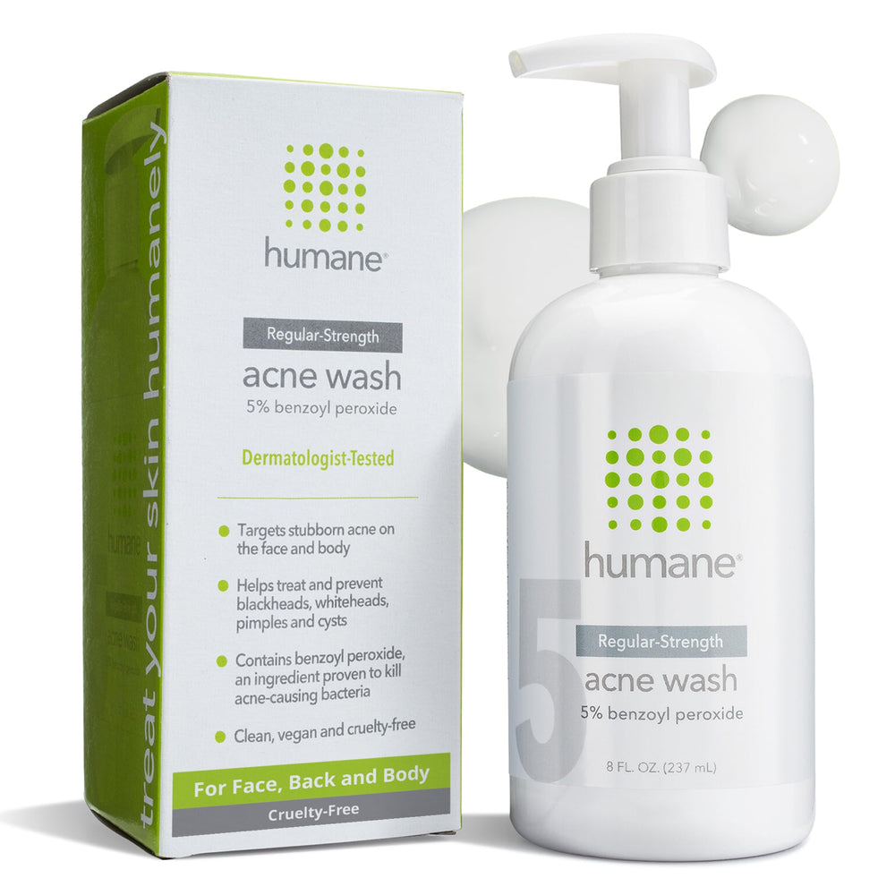 humane benzoyl peroxide face wash 5% bottle front for regular-strength acne care.