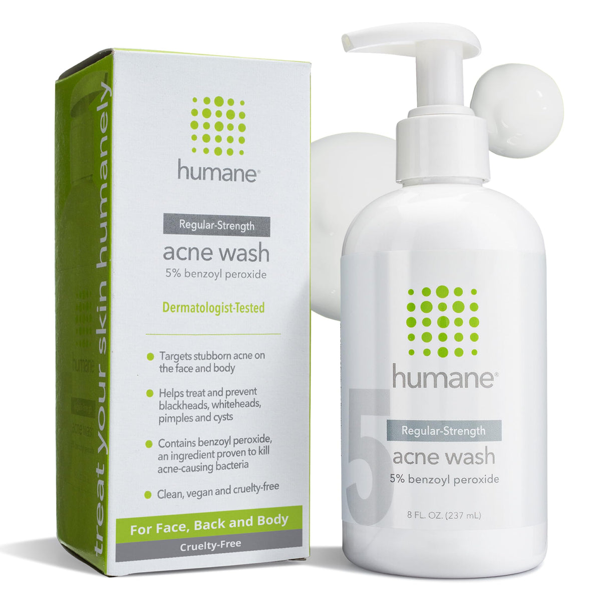 humane benzoyl peroxide face wash 5% bottle front for regular-strength acne care.