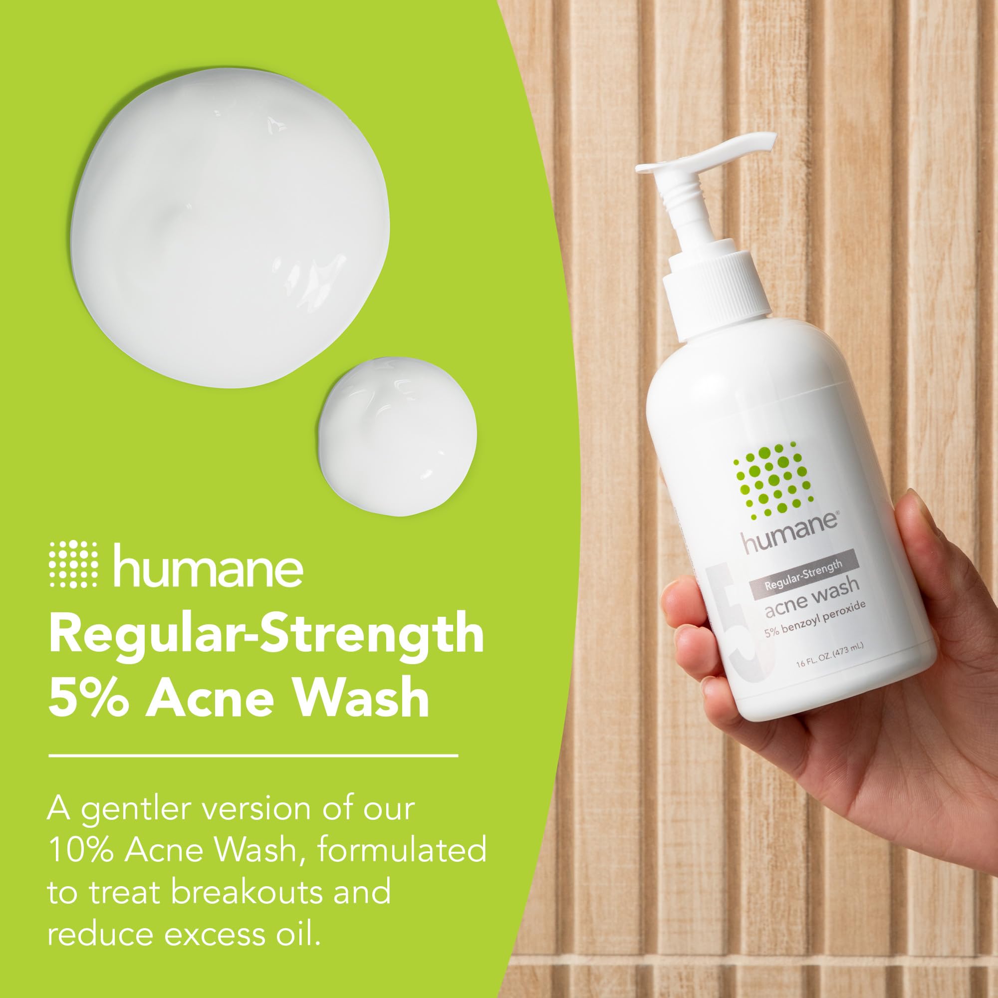 humane benzoyl peroxide face wash 5% label closeup highlighting effective acne formula.