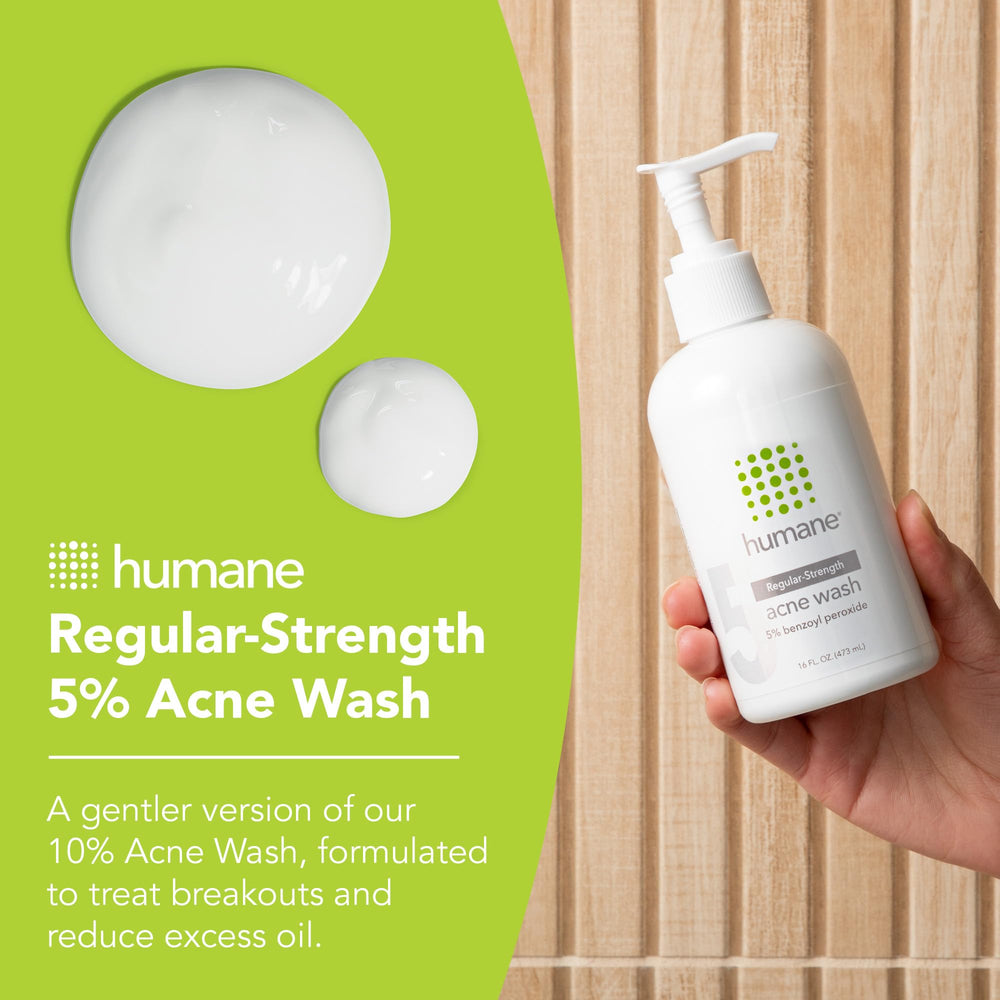 humane benzoyl peroxide face wash 5% label closeup highlighting effective acne formula.