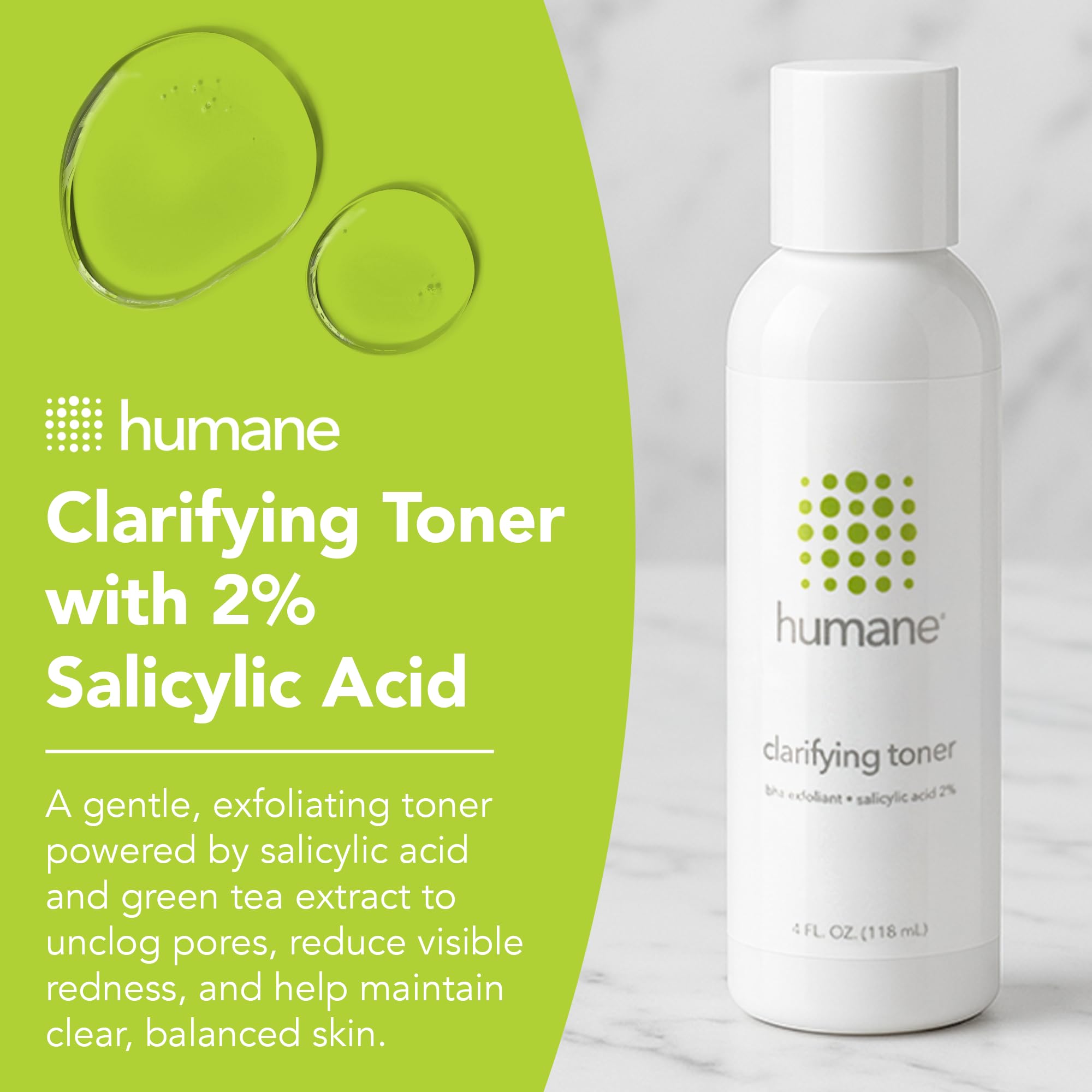Humane Clarifying Toner bottle close-up label showing 2% BHA