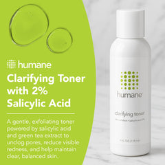 Humane Clarifying Toner bottle close-up label showing 2% BHA