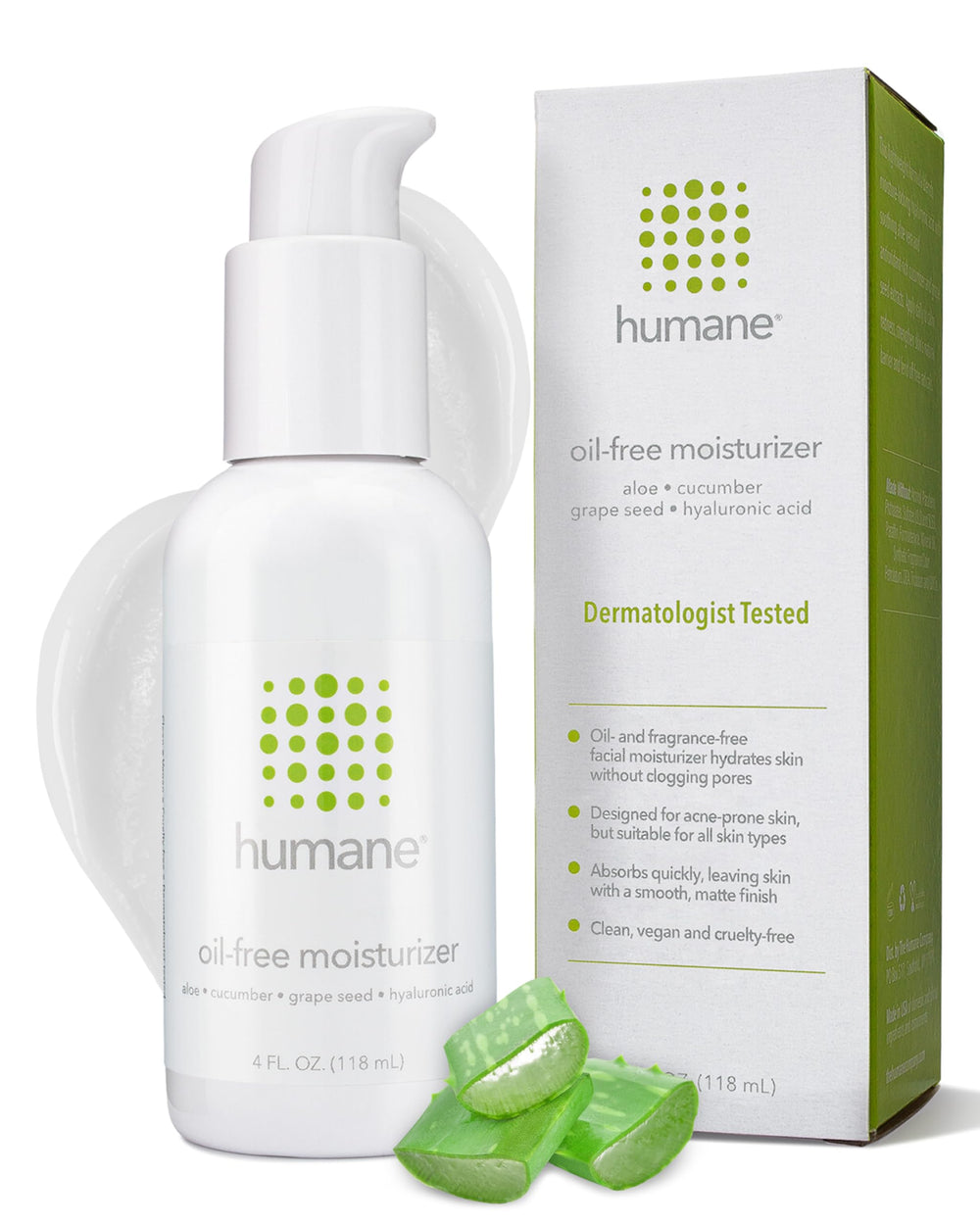 Humane oil-free daily moisturizer bottle delivers lightweight hydration for acne-prone skin.
