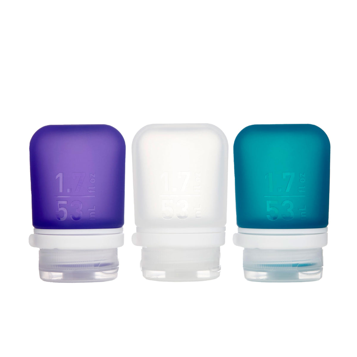 humangear GoToob+ 3pack front view shows compact TSA-friendly bottles for easy packing