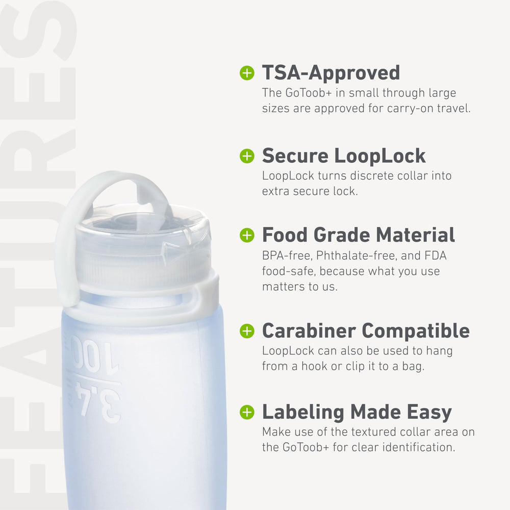 humangear GoToob+ color variants display purple, teal, and clear bottles for organization