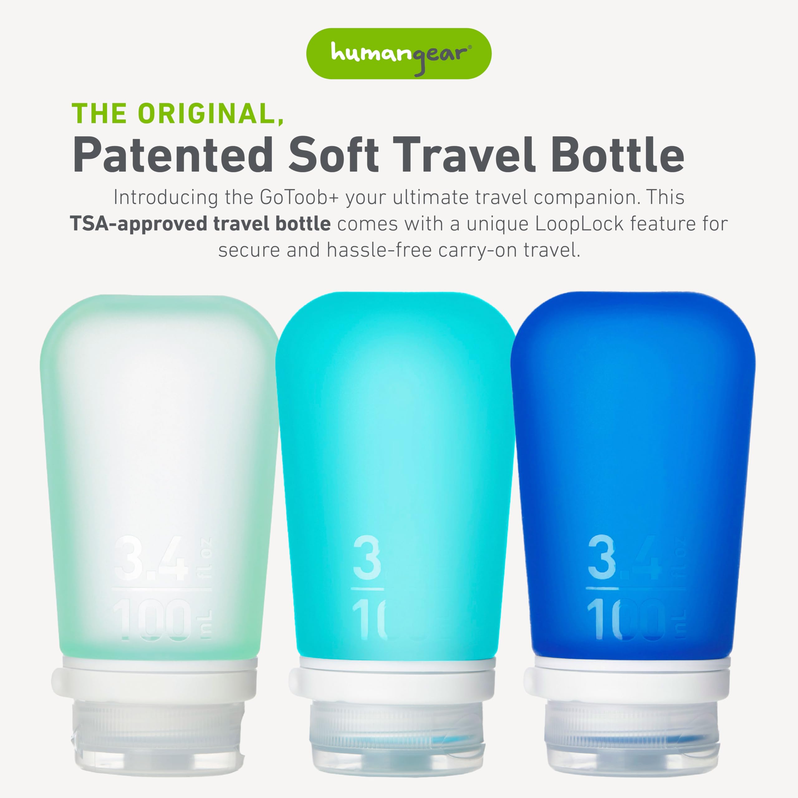 humangear GoToob+ 3-Pack carabiner-ready bottle with clip for bags.