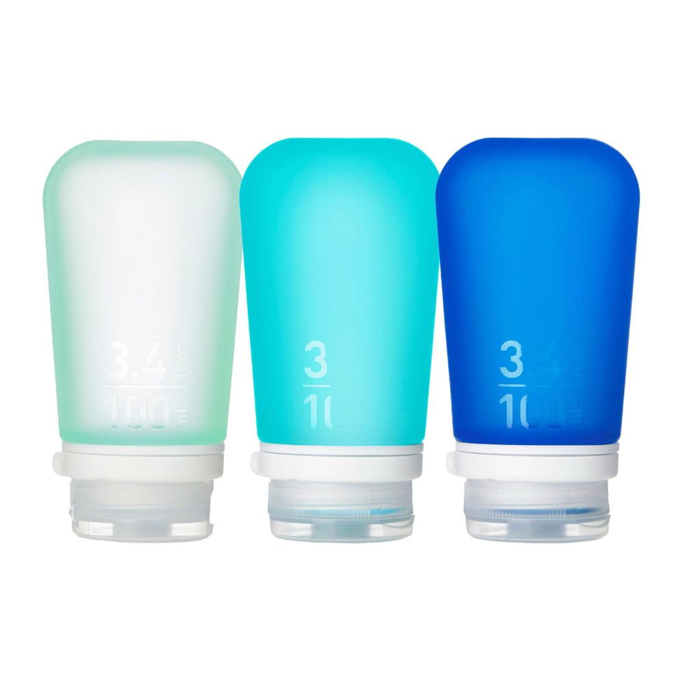 humangear GoToob+ 3-Pack large bottles front view for travel-friendly hydration.