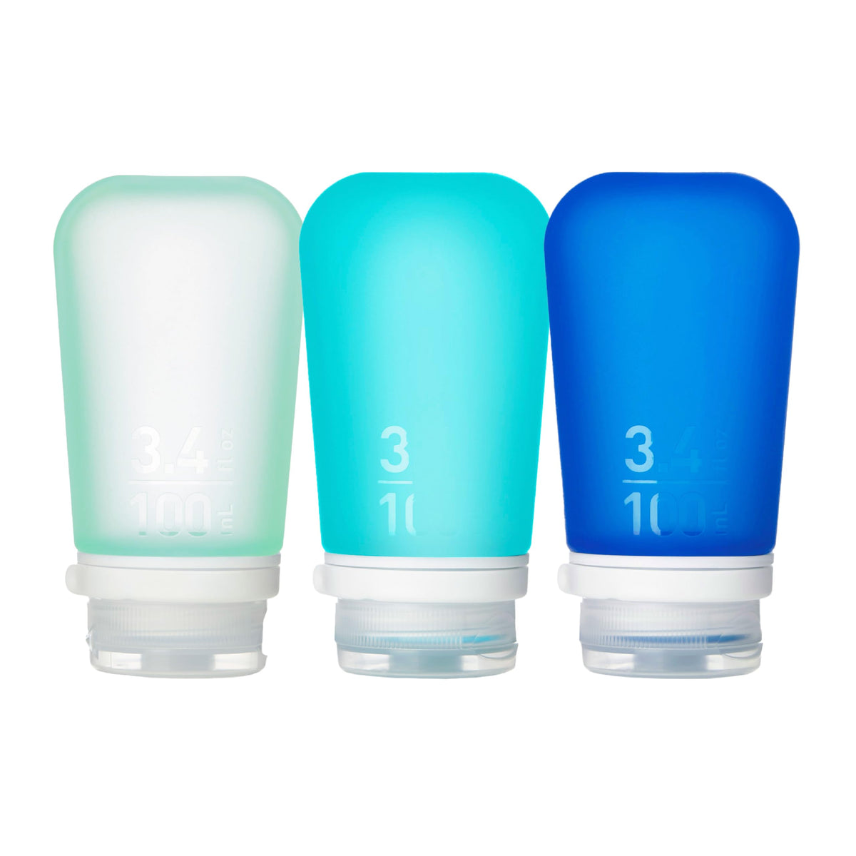 humangear GoToob+ 3-Pack large bottles front view for travel-friendly hydration.