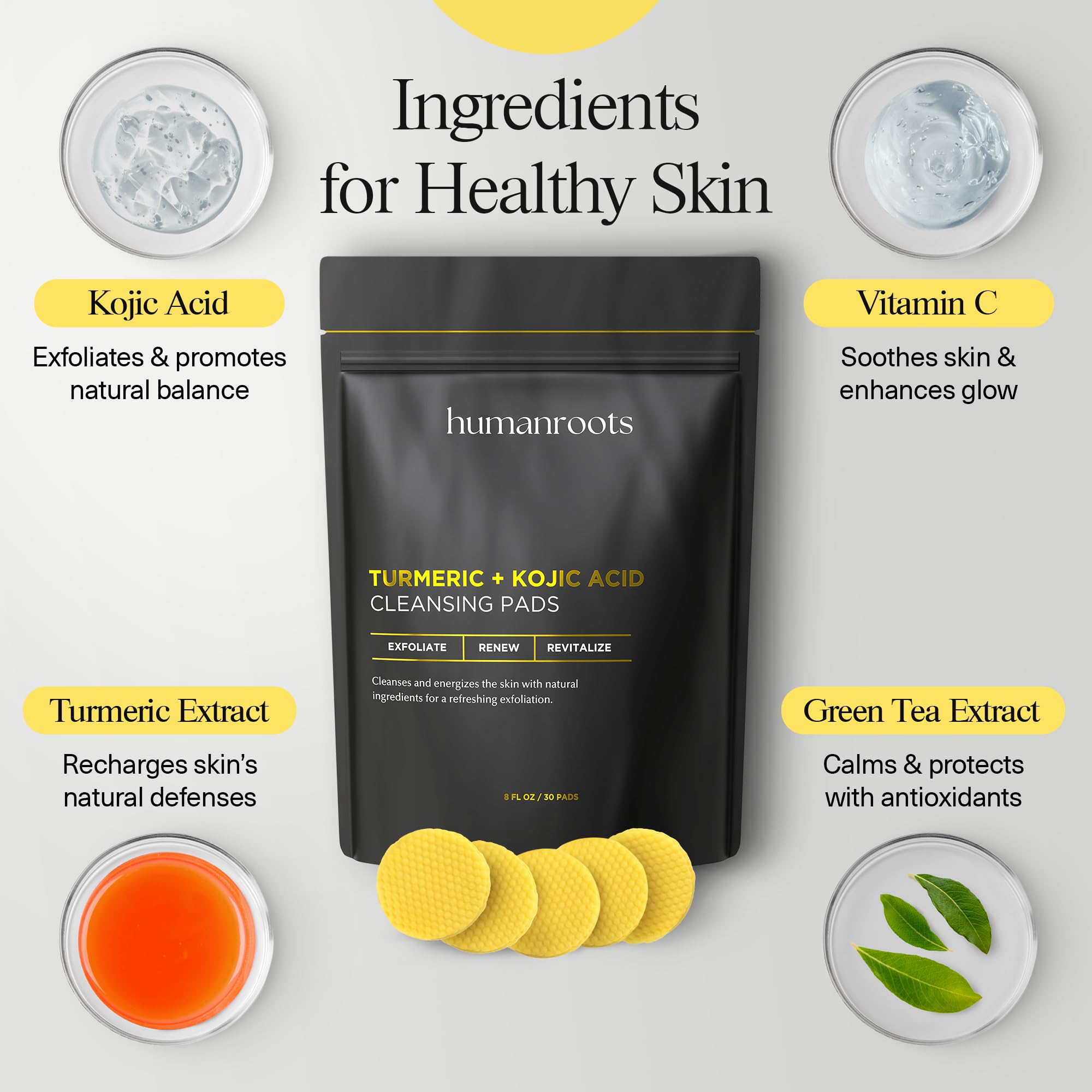 Humanroots Turmeric Kojic Pads close-up of turmeric and Vitamin C ingredients.