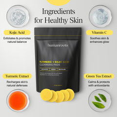 Humanroots Turmeric Kojic Pads close-up of turmeric and Vitamin C ingredients.