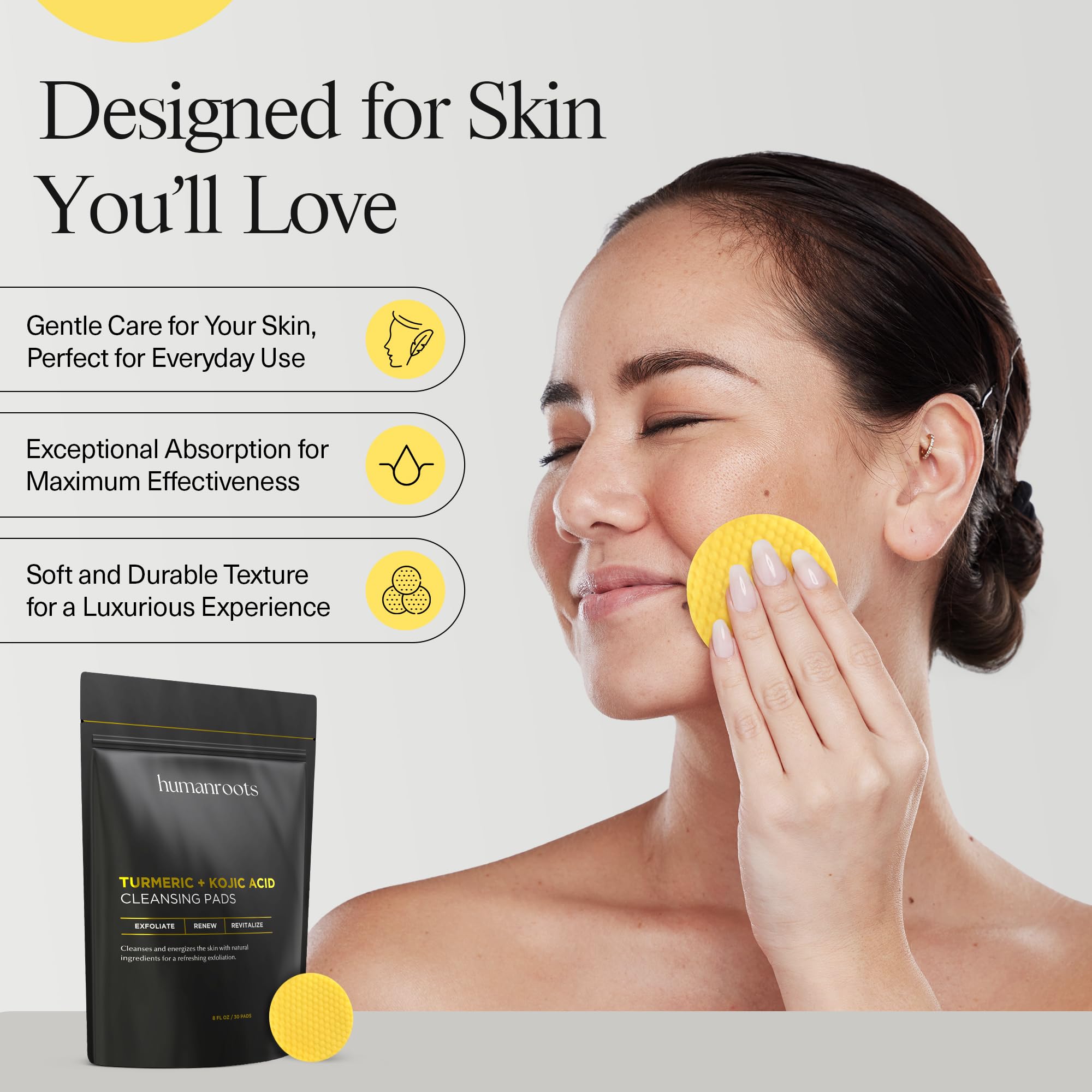Humanroots Turmeric Kojic Pads in-use on the face for refreshing cleanse.