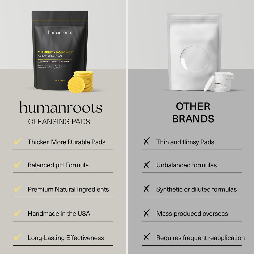 Humanroots Turmeric Kojic Pads back of pack showing ingredients and usage tips.