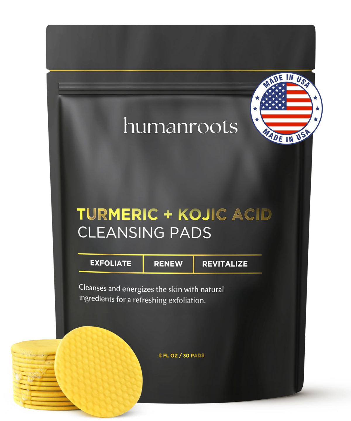 Humanroots Turmeric Kojic Pads pack front for daily exfoliation and cleansing routine.