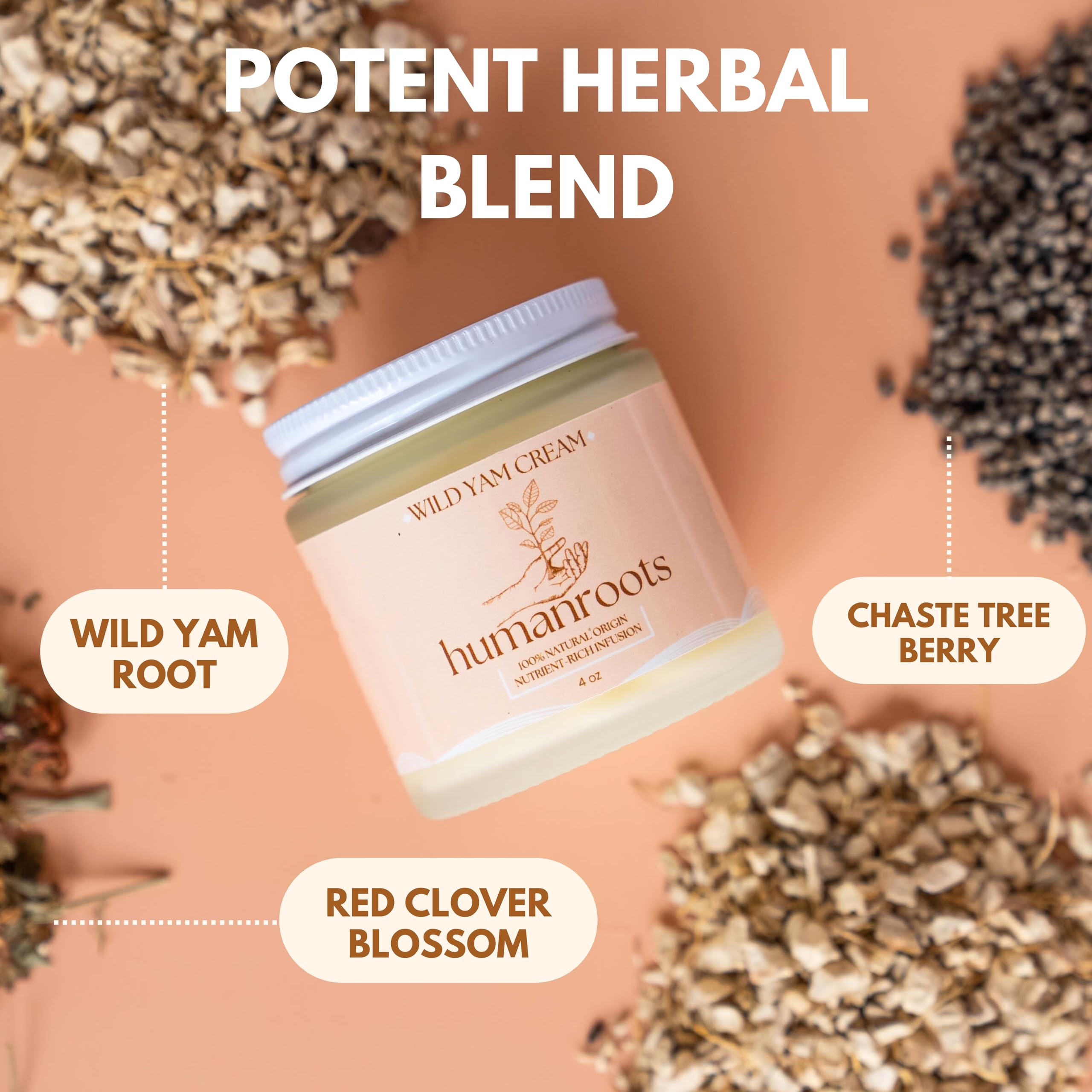 Humanroots Wild Yam Cream ingredients closeup featuring chaste tree berry and red clover