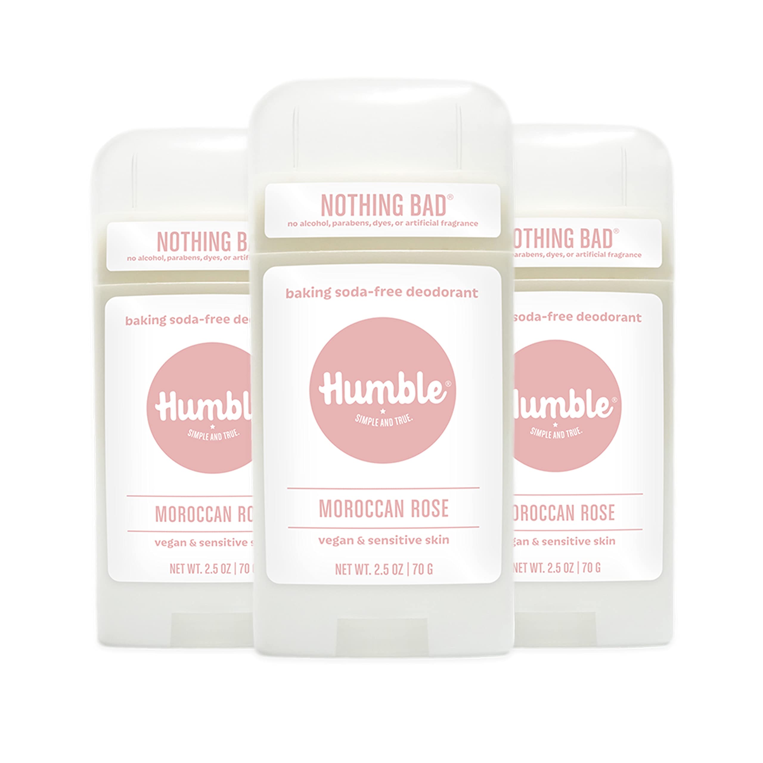 Humble Brands aluminum-free Moroccan Rose 3-pack box-front shows clean packaging and odor-control promise