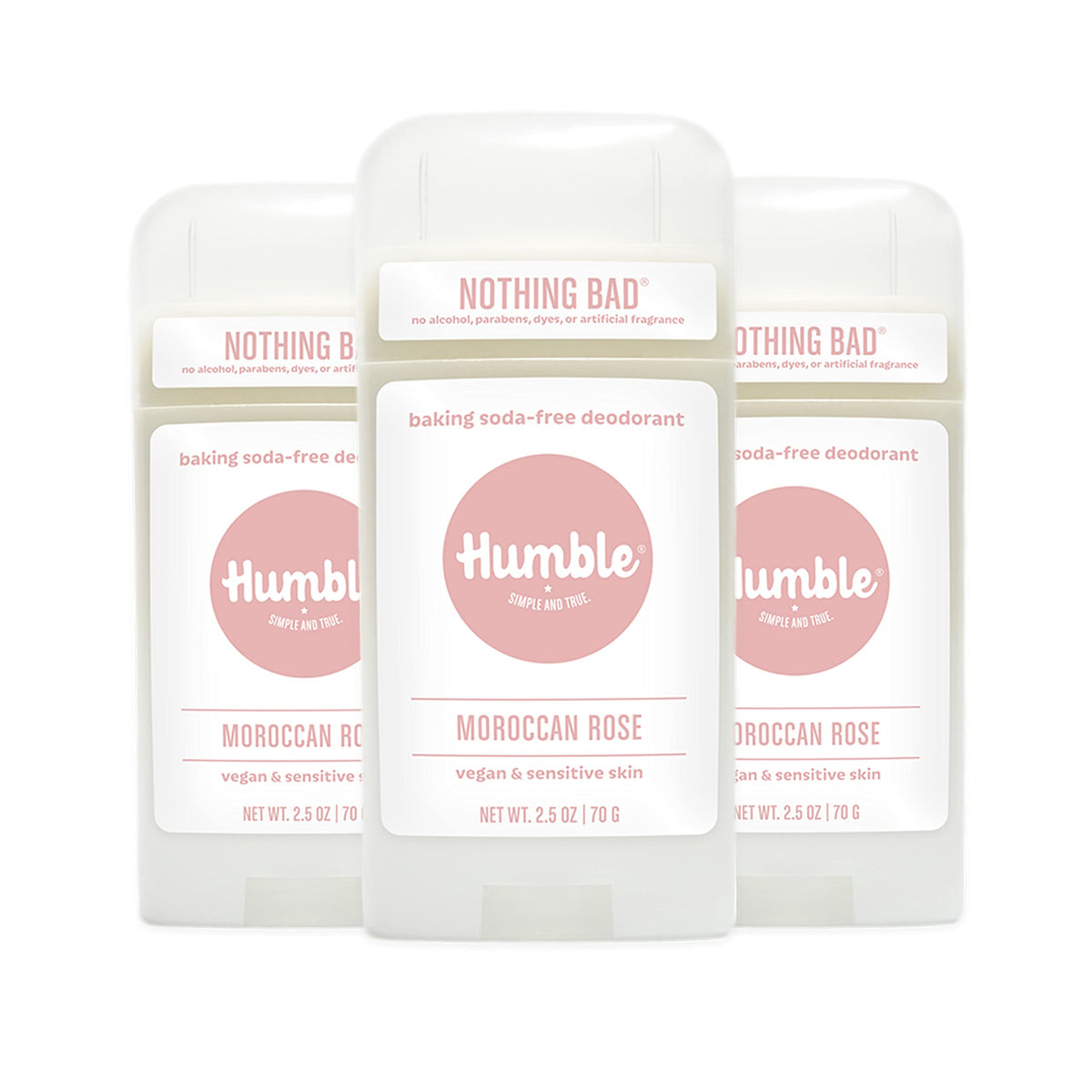 Humble Brands aluminum-free Moroccan Rose 3-pack box-front shows clean packaging and odor-control promise