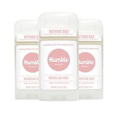 Humble Brands aluminum-free Moroccan Rose 3-pack box-front shows clean packaging and odor-control promise