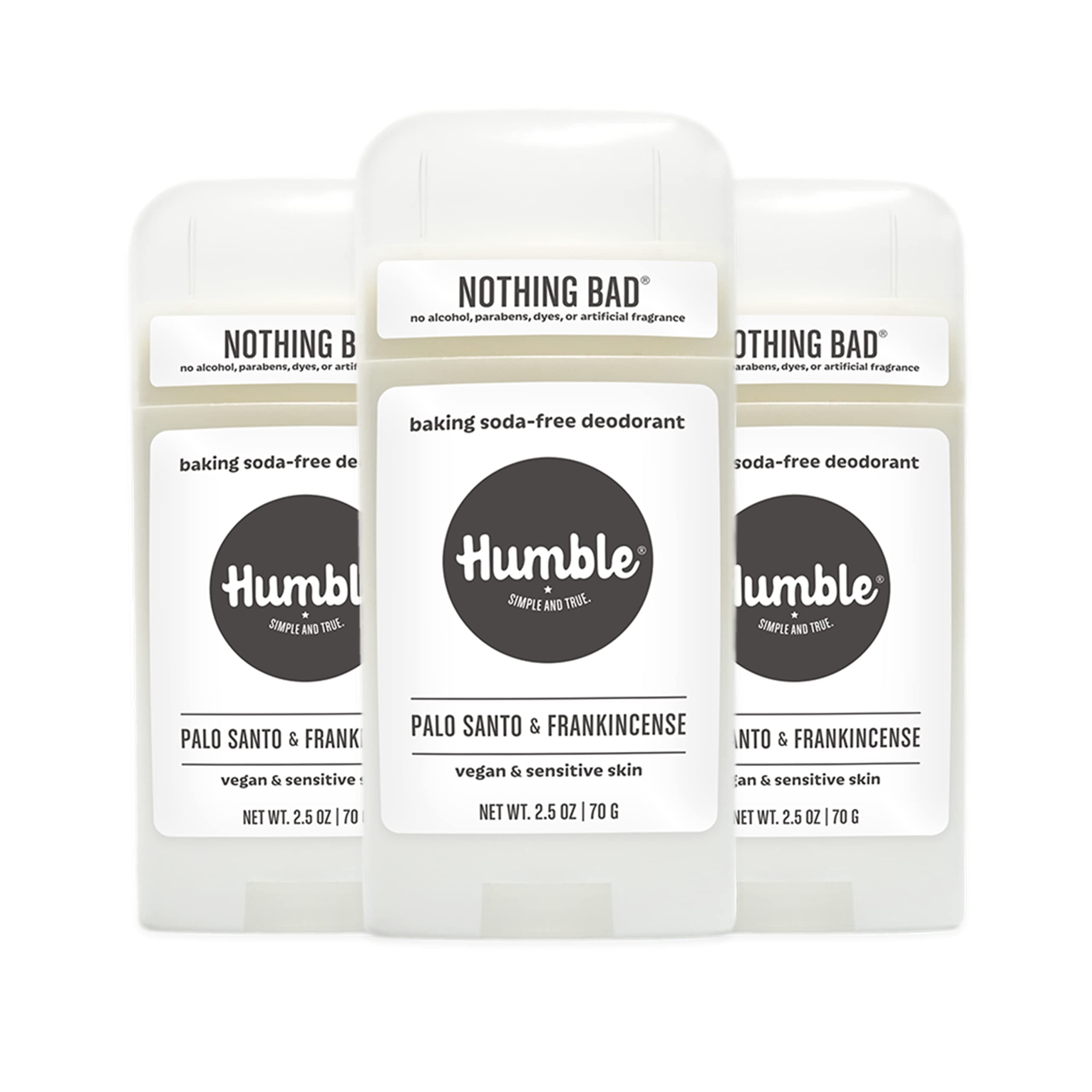 Humble Brands aluminum-free deodorant bottle shows Palo Santo and Frankincense scent for daily freshness.