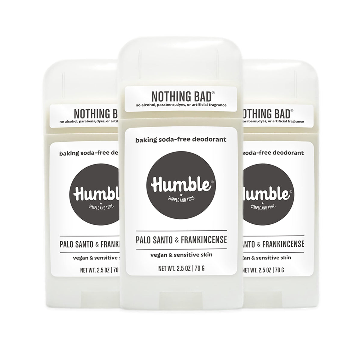 Humble Brands aluminum-free deodorant bottle shows Palo Santo and Frankincense scent for daily freshness.