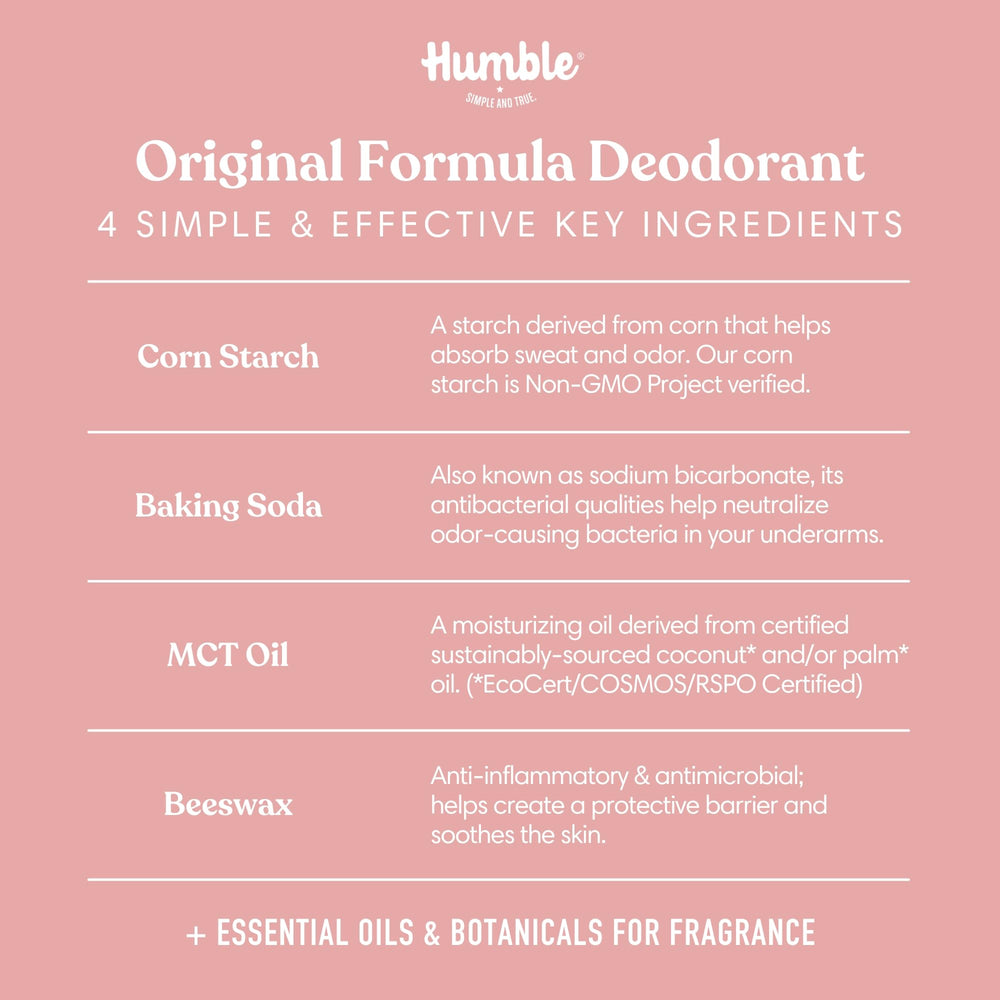 Humble Brands baking soda and MCT oil content supports odor control and skin-friendly care.