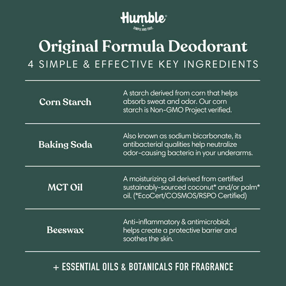 Humble Brands deodorant bottle on wood background with forest-inspired Black Spruce scent.