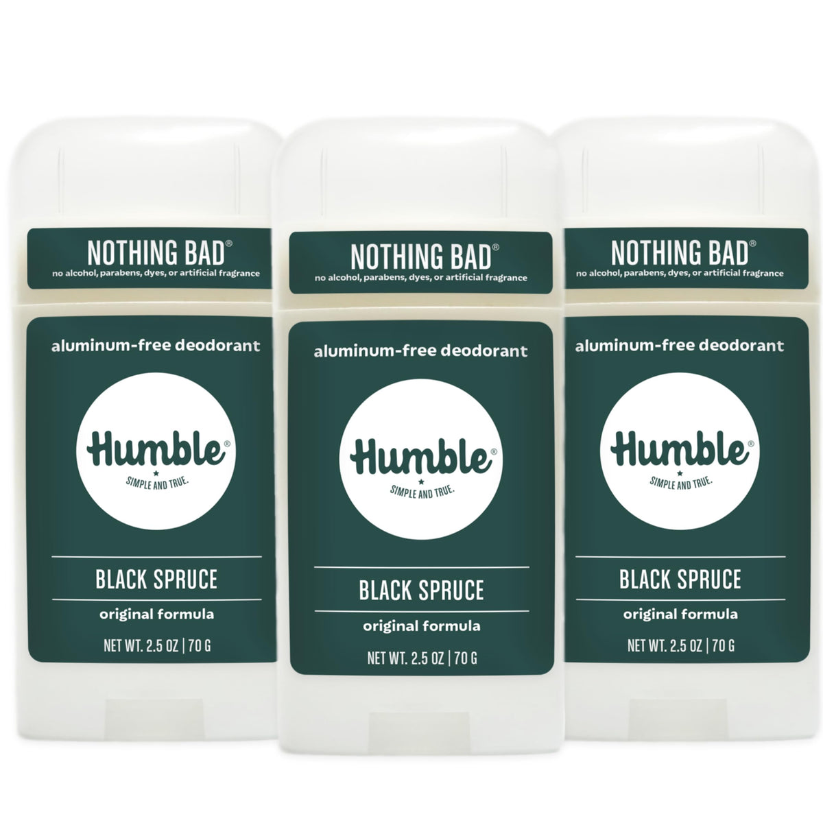 Humble Brands Original Formula deodorant bottle in Black Spruce for all-day odor control.