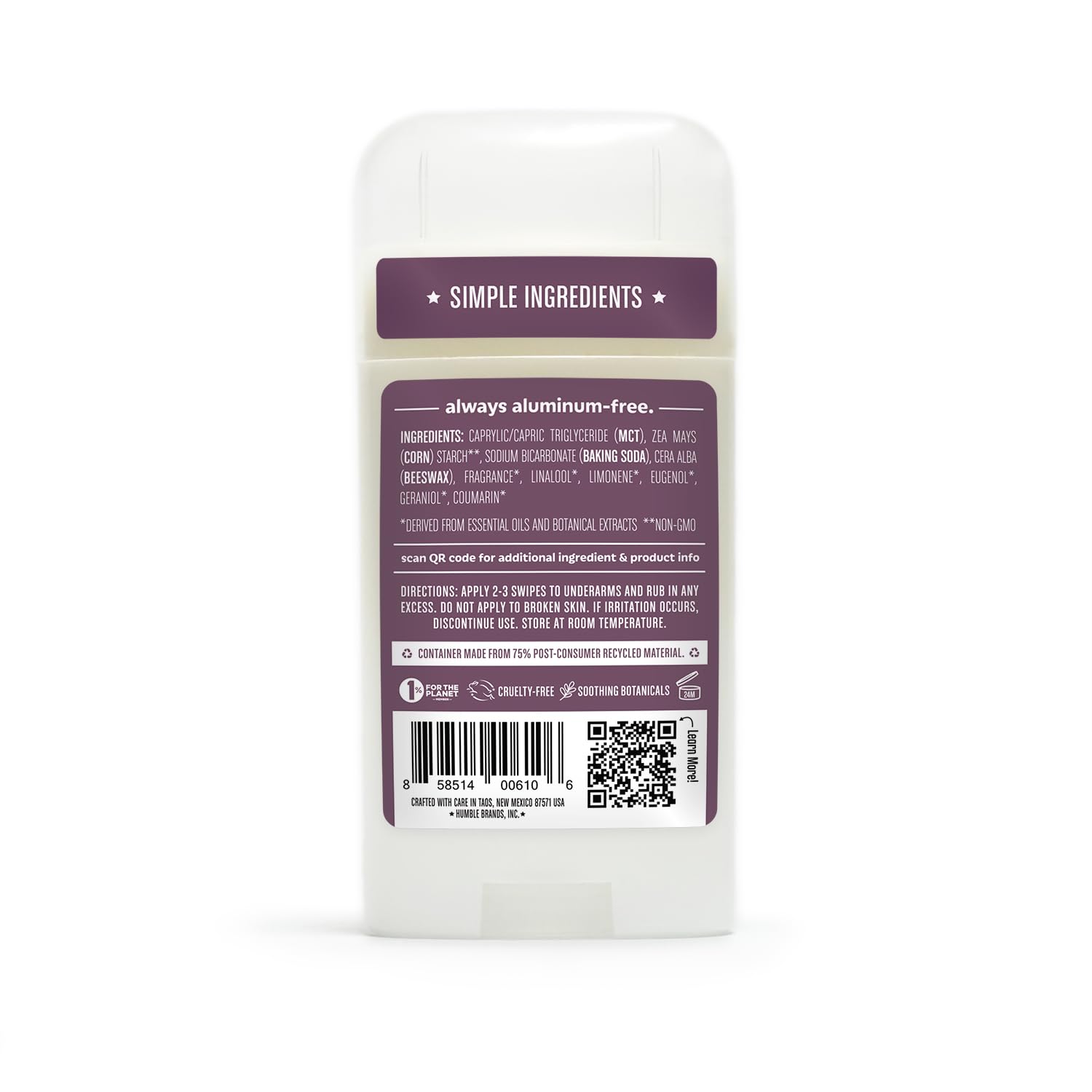 Ingredients list graphic highlighting corn starch, baking soda, beeswax, MCT oil.