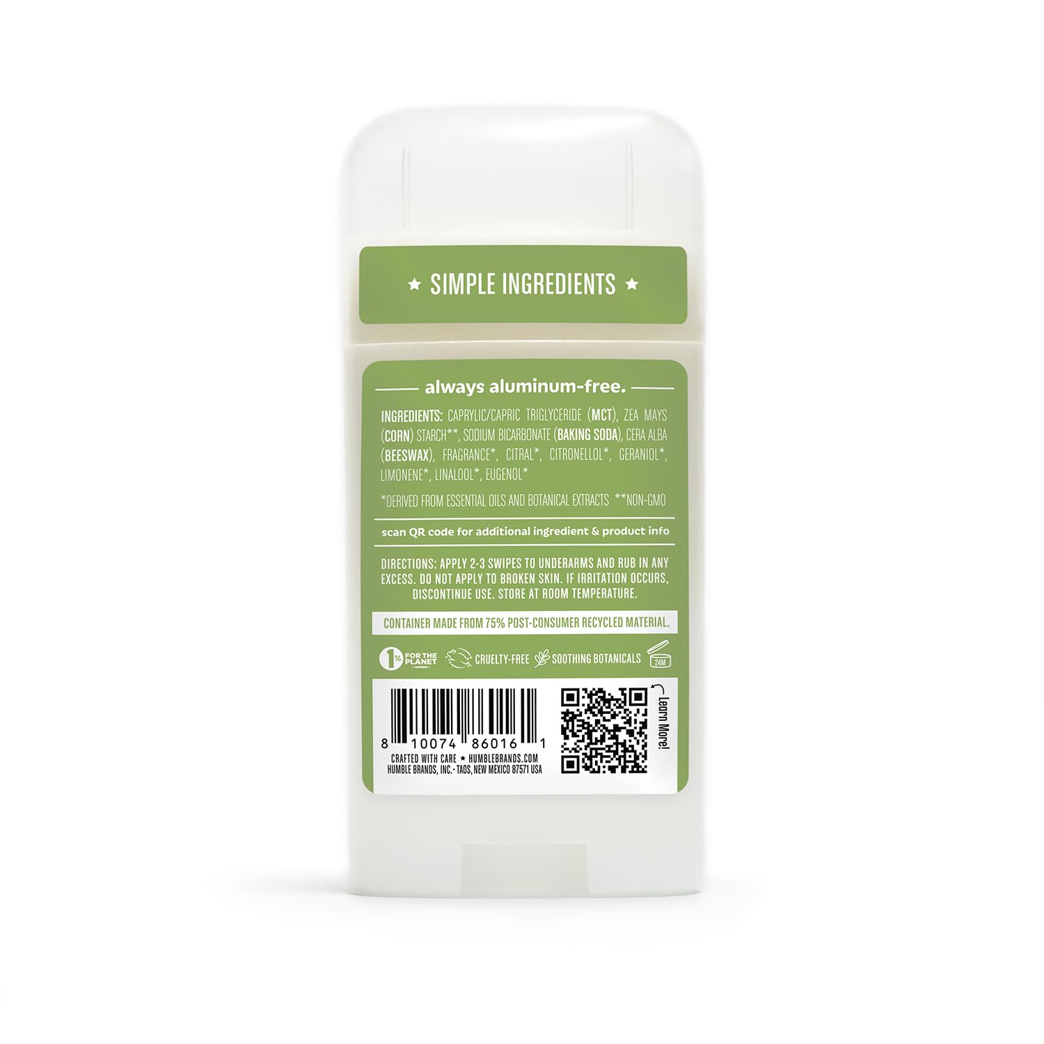 HUMBLE BRANDS ingredients close-up emphasizes baking soda and essential oils.