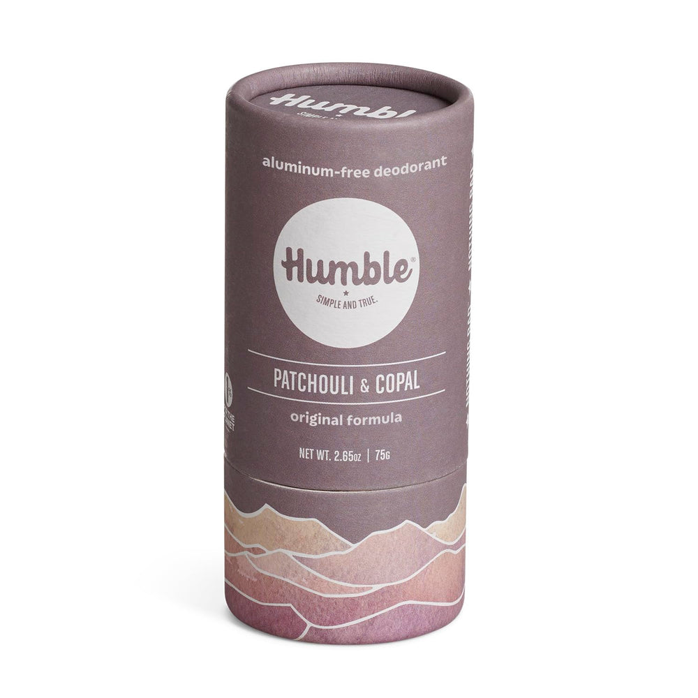 Humble Brands Original Formula deodorant packaging closeup highlights plastic-free packaging and natural ingredients for an eco-friendly lifestyle.