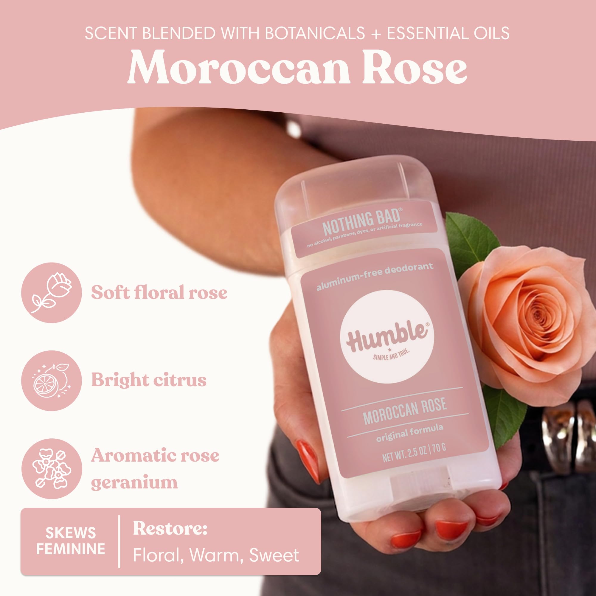HUMBLE Moroccan Rose being applied to underarm showing easy glide and quick odor control benefit
