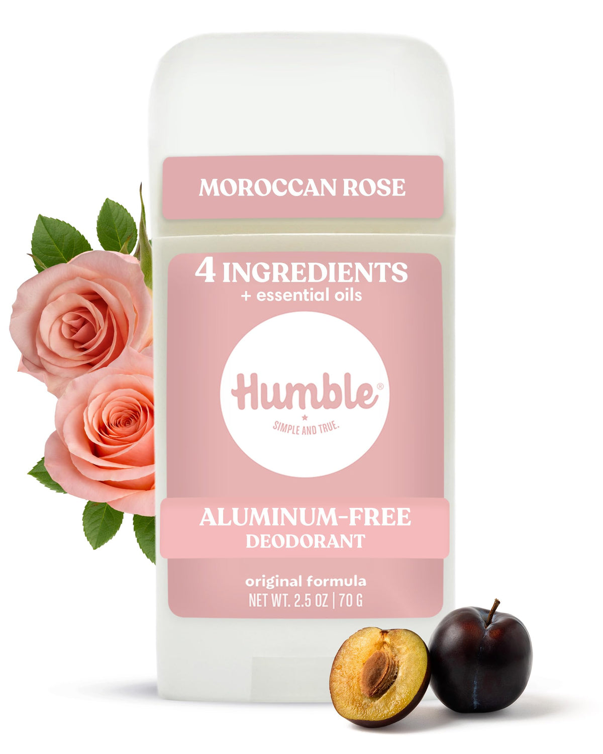 HUMBLE Moroccan Rose front stick showing clean minimalist label and floral scent benefit