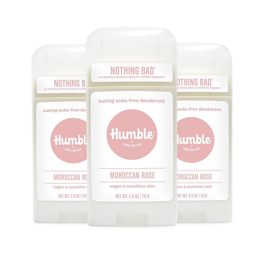 Humble Moroccan Rose packaging close-up for 3-pack convenience and clean, sensitive-skin care.