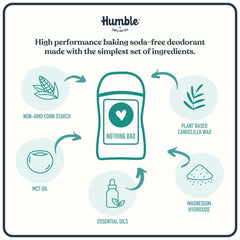 Humble Brands Patchouli Copal deodorant bottle with earthy aroma for all-day daily wear.