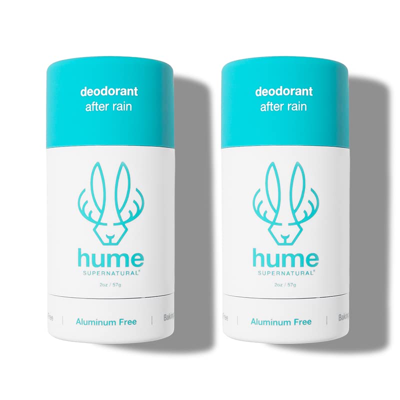 Hume Supernatural After Rain packshot shows aluminum-free deodorant bottle for everyday odor protection.