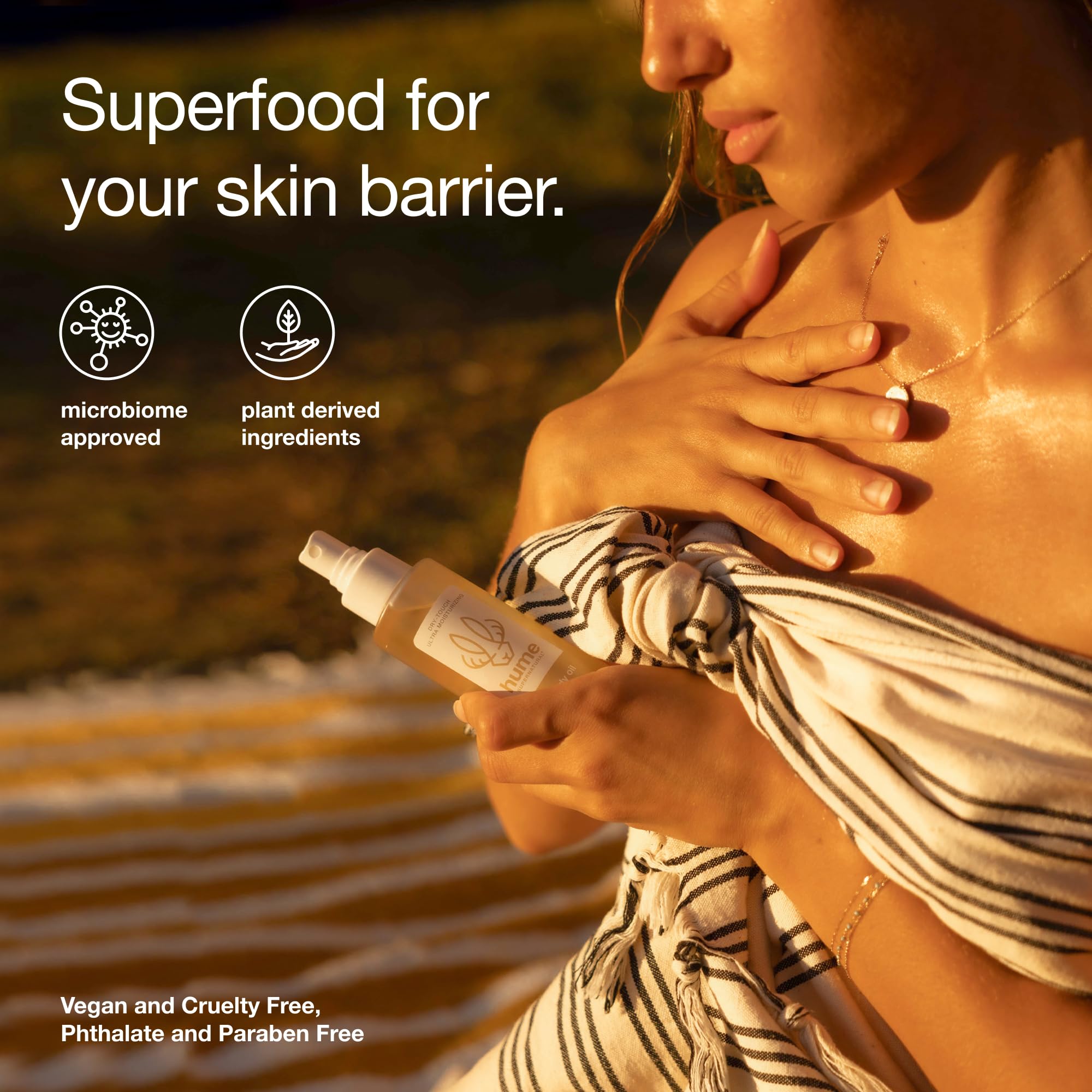 HUME SUPERNATURAL After-shower spray offers effortless hydration on damp skin.