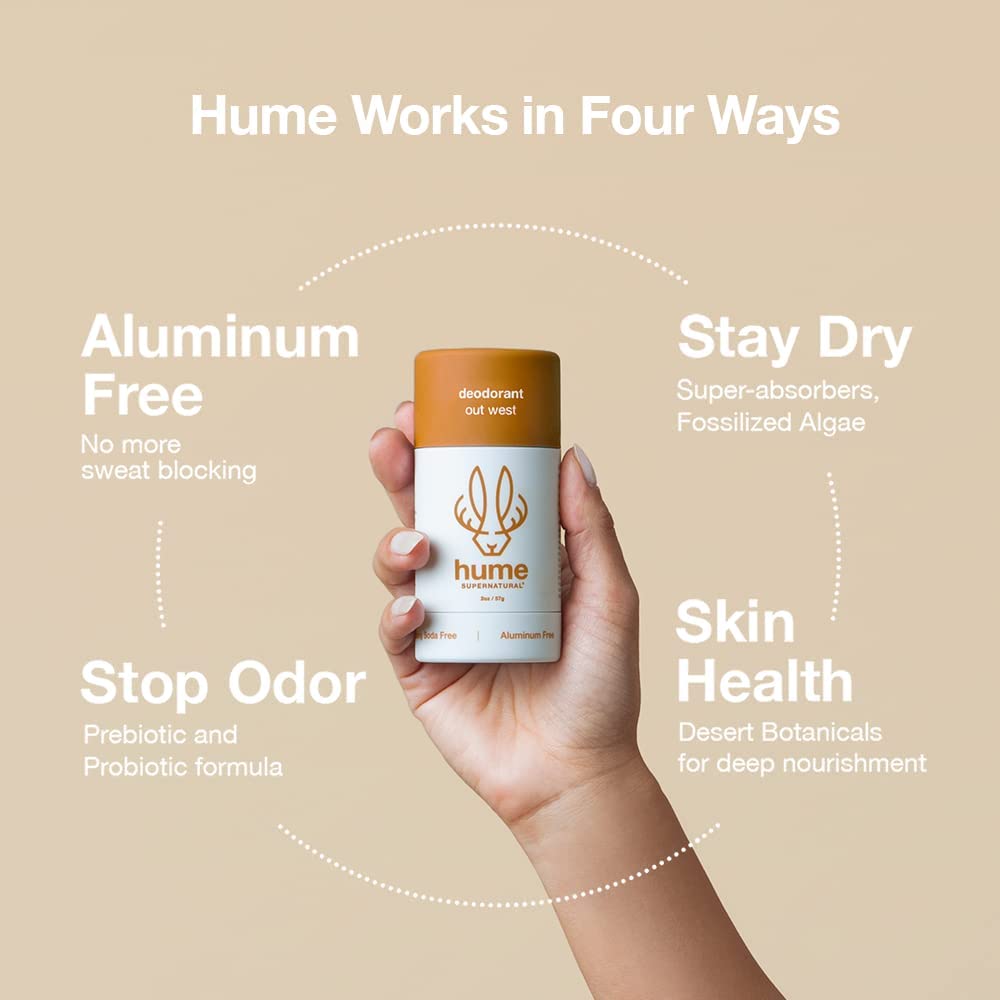 Hume Supernatural clear-stick angled application shows quick-dry, residue-free wear.