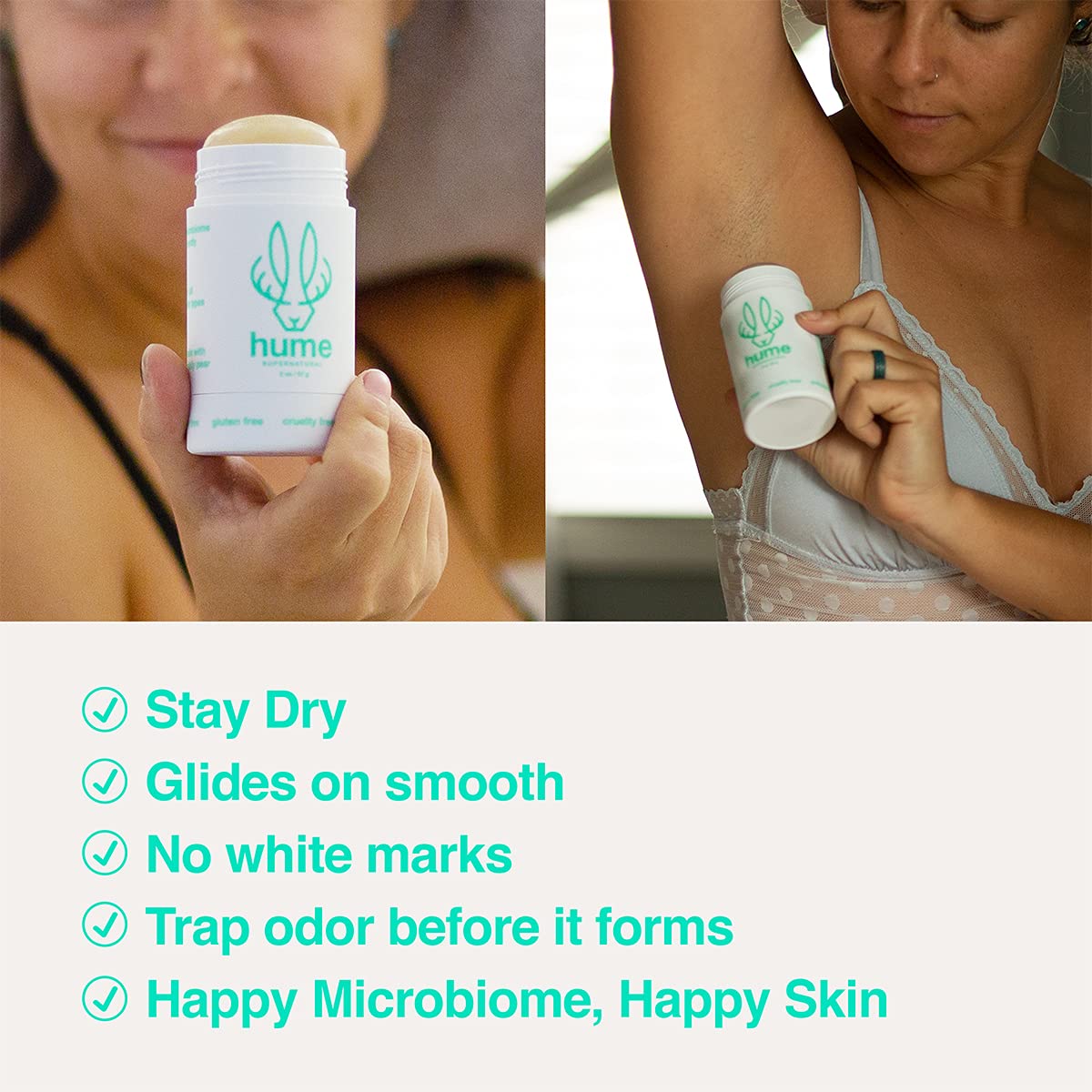 Clear-stick application shows mess-free, quick-dry underarm protection.