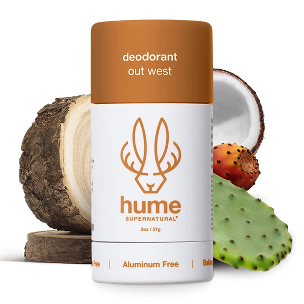 HUME SUPERNATURAL out-west deodorant stick closeup shows smooth, aluminum-free protection.