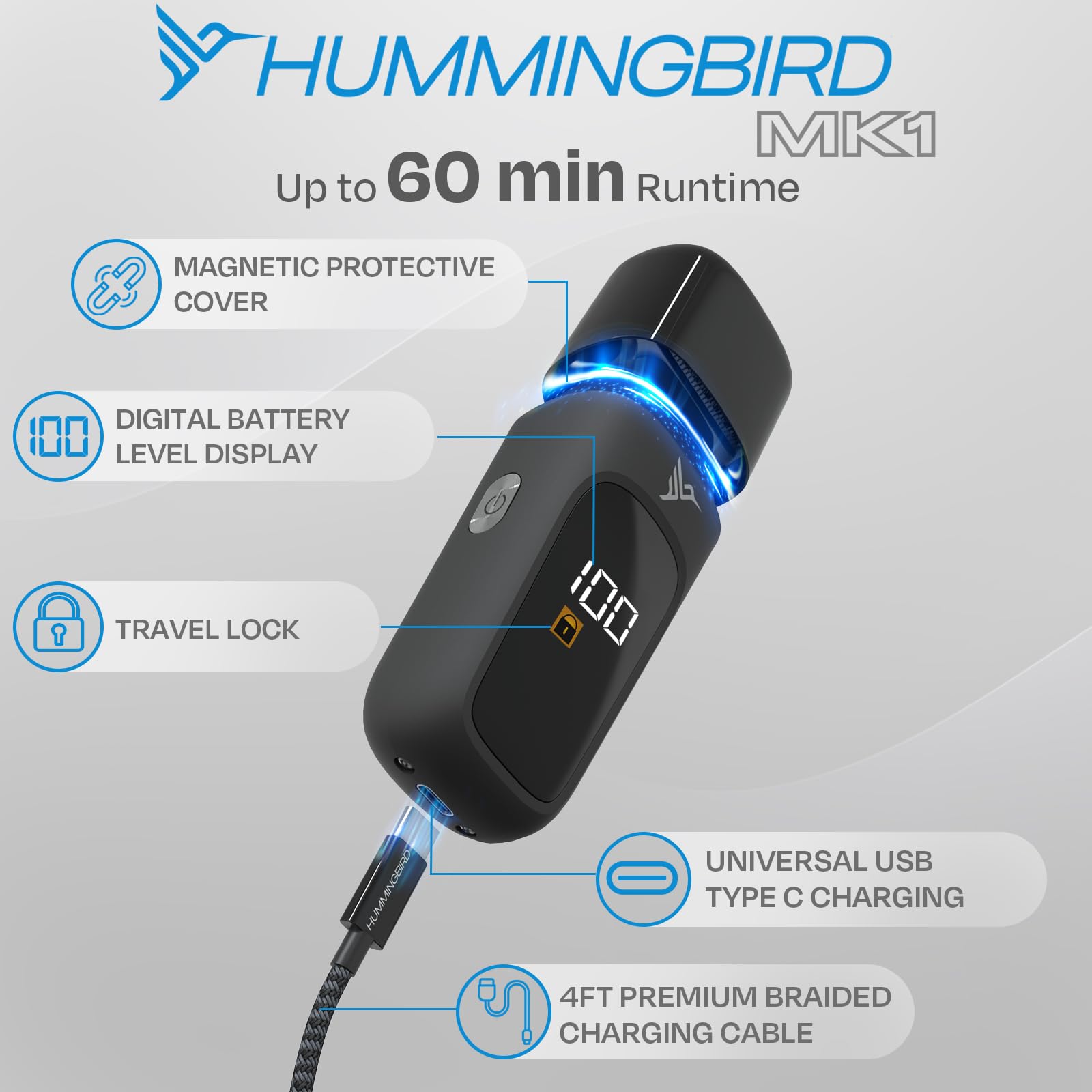 Hummingbird MK1 travel pouch protects the trimmer during trips and carry-on use.
