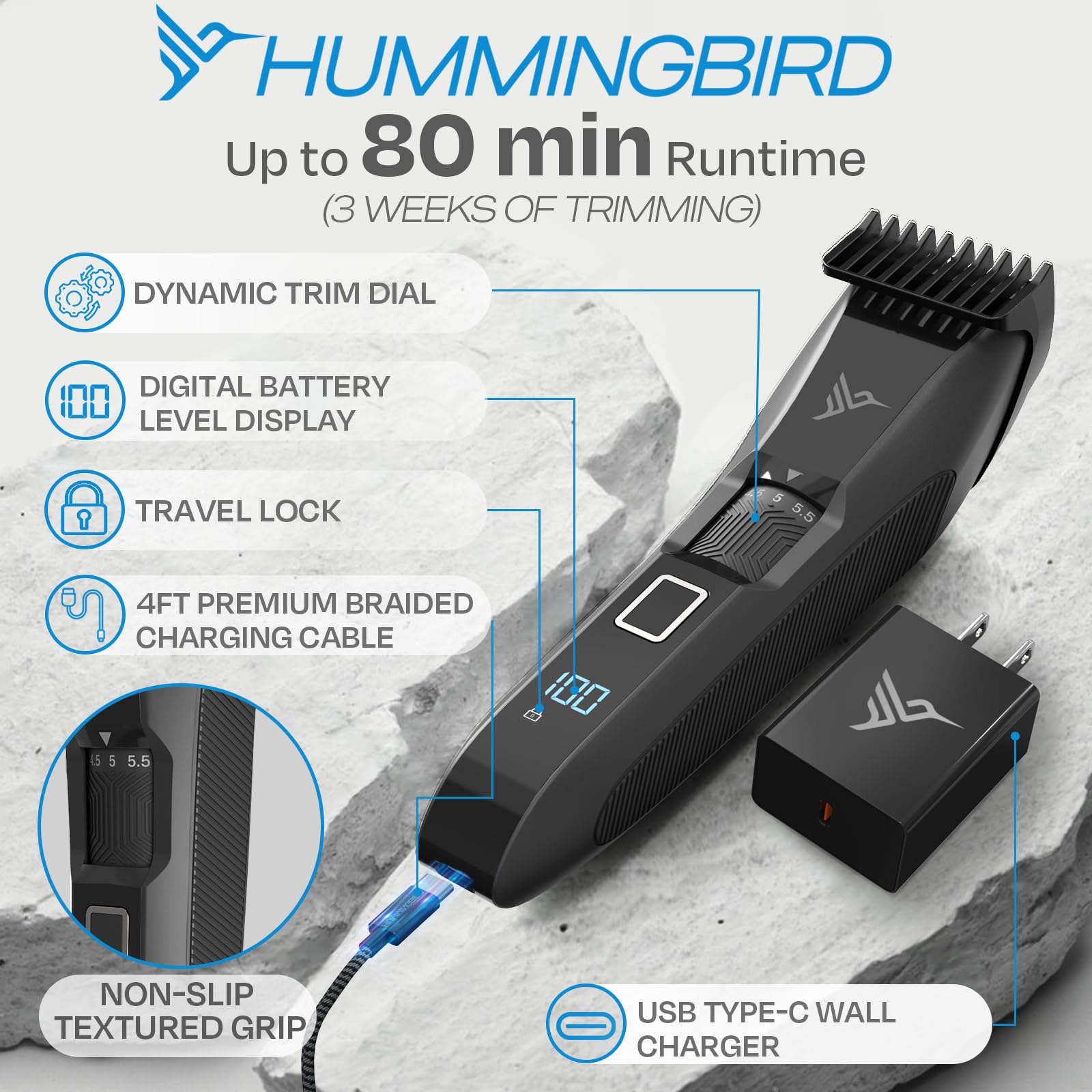 Hummingbird MK14 USB-C recharge enables quick cordless grooming.