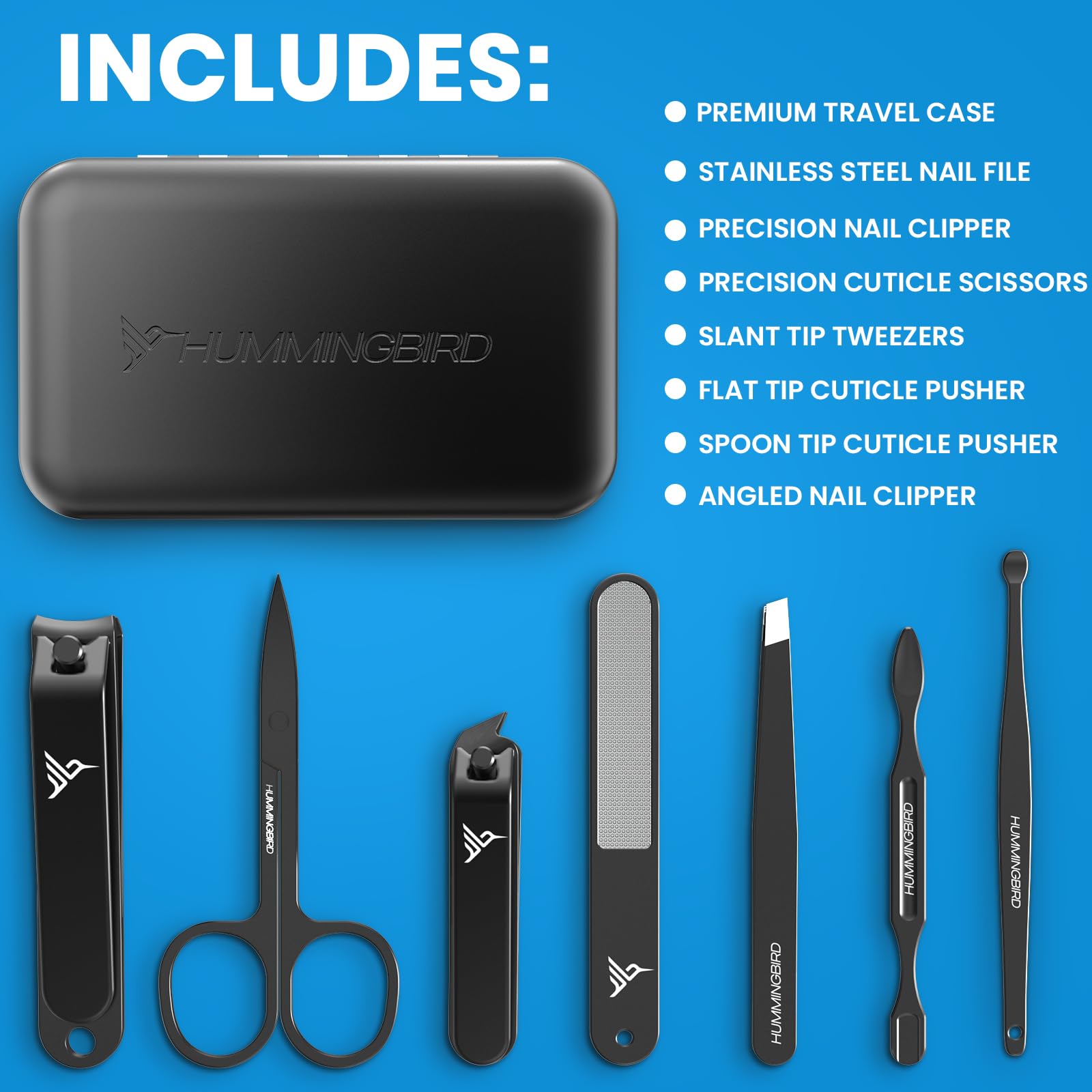 Hummingbird travel case with magnetic snap for portable grooming.