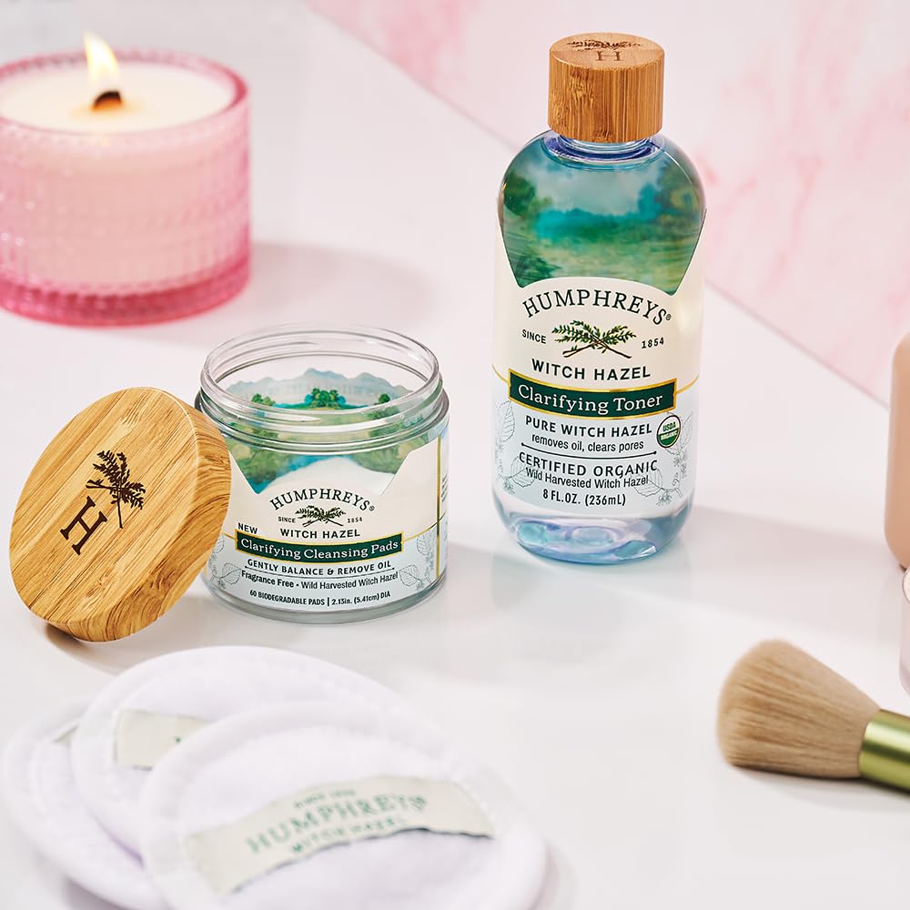 Humphreys Clarifying Toner splash against skin signals clear, balanced complexion use.