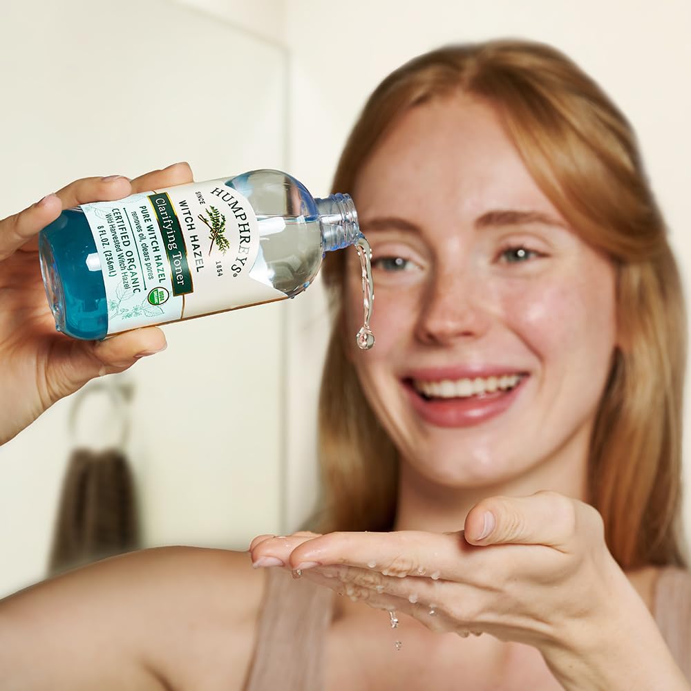 Humphreys Organic Witch Hazel bottle close-up signals organic certification and purity.